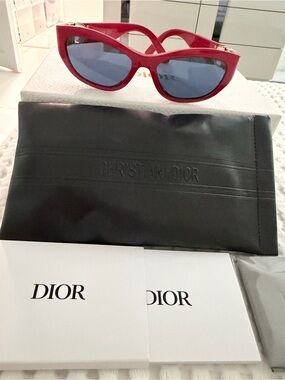 Dior Red Frame Sunglasses with Blue Lenses and Gold CD Accent